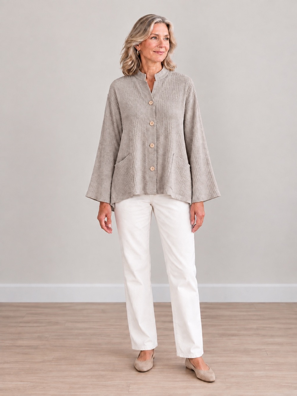 Eileen Fisher Linen Cotton Textured Mandarin Collar Swing Jacket Size M
